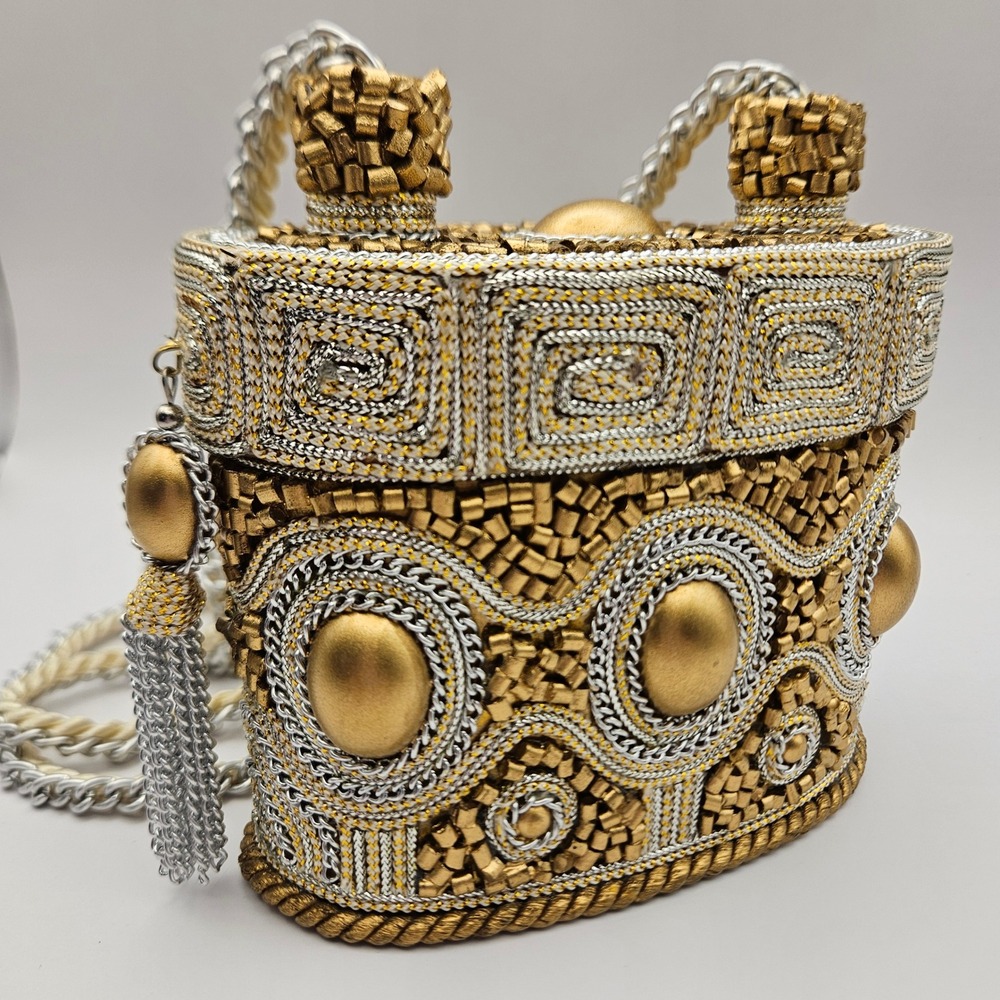 Vintage Mary Frances Gold Silver Beaded Minaudiere Evening Bag Handbag Purse - Picture 2 of 14